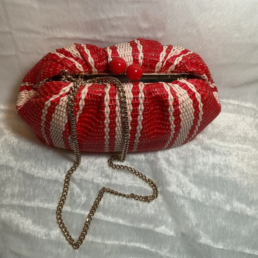 New Kate Spade Scrunchy Convertible Kisslock Clutch Heirloom Straw - Picture 5 of 8